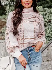 Pink Lily Nothing On You Pink & Brown Plaid Turtleneck Sweater Women’s Small