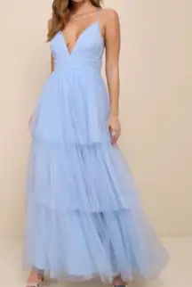 Lulus Charming Glamour Baby Blue Mesh Tulle Maxi Dress Gown Prom Formal XS