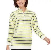 TALBOTS STRIPE CLASSIC FRENCH TERRY HALF ZIP COTTON WHITE GREEN BLUE PULLOVER M