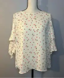 Lauren Conrad Cherry Print Blouse Top Feminine Sleeves Medium Romantic Bow Cream