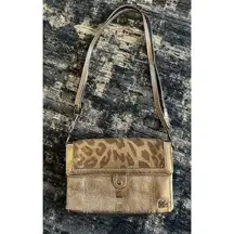 THE SAK Gold Distressed Metallic Leather Cross Body Shoulder Bag Purse Leopard