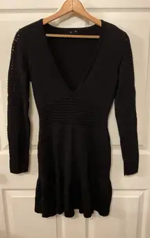 Revolve NBD V-neck Perforated Black Long Sleeve Flutter Mini Dress, S