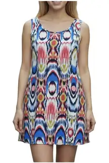 Peach Love‎ Cream Ikat Colorful Sleeveless Keyhole Shift Dress MEDIUM Geometric