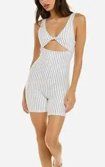NEW WeWoreWhat Medium White Black Pinstripe Twist Cutout Bodysuit
