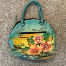 Vintage Garden Blue Leather Flower Bird Satchel Purse Tote Bag