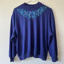 Vintage cottagecore blue mock neck sweater Bon Worth floral embroidery yoke