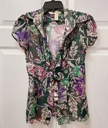 Diane Von Furstenberg Size 2 Green Floral Silk Short Sleeve Button Down Top DVF