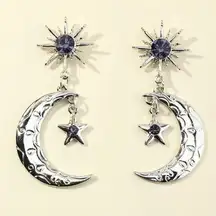 Aurora - Silver Crescent Moon & Stars Dangling Earrings