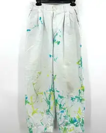 ZARA  size 8 white jeans pleated top‎ blue yellow green paint splatter detail