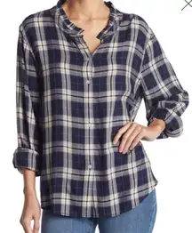 lakeridge blue Nantucket plaid long sleeve button up with Ruffle accents