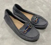 Coach and Four Gray Suede Loafers Horse bit driving shoes size 6 Italy gold tone