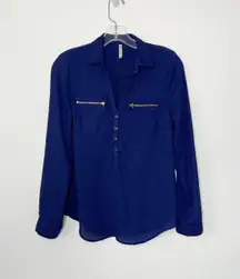 Couture Long Sleeve Blouse Size Small Blue Zipper / Button Detail 3/4 Sleeve