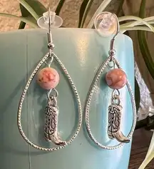 Women’s Cowboy Boot Pink Turquoise Glass Bead & Silver Tone Dangle Earrings‎ NEW