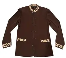 Ming Wang Brown Open Front Leopard Trim Knitwear Cardigan Jacket