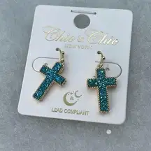 NWT Chic & Chic shimmering druzy quartz cross in turquoise blue earrings.