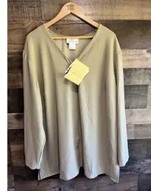 Susan Graver‎ Solid Beige Top Blouse  Sleeves Button Front Side Slits Size XXL