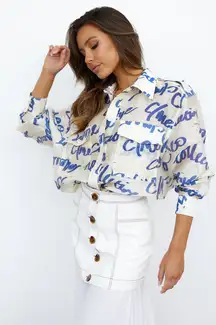 C/Meo Collective Slow Burn Long Sleeve Short Logo Print Cream Oversized XXS