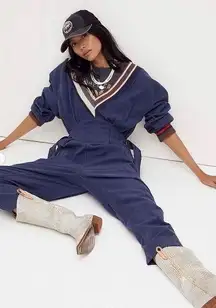 NWT Free People Costa Brava Jumpsuit in Navy Blue Deep V-neck Cropped 1-Piece L