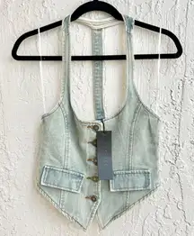 NWT Lioness NYC Sleeveleess Halter T-Back Vest Crop Top Faded Denim Women AU6/XS