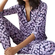 Anthropologie Women’s Size M Navy Blue Pink Kiss Face Top Bottom Pajama PJ Set