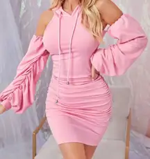 Pink Cut Out Shoulder Ruched Side Hoodie Dress