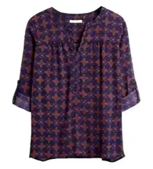 Skies Are Blue Shirt Women Medium Blue York Tile Print Roll Tab‎ Sleeve Blouse