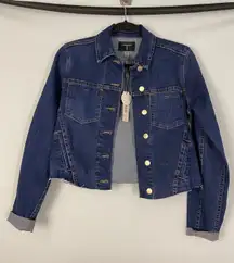 NWT Tahari Dark Wash Denim Cropped Jacket Raw Hem Gold Buttons Size XS