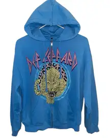 H&M Def Leopard Graphic Hoodie Light Blue pink Band Tee casual wear 80s Rocker