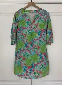 Lilly Pulitzer  100% Silk Mini Dress Beach Floral Lizard Print Preppy 3/4 Sleeve