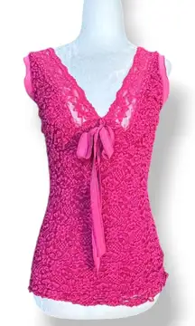 Vintage Y2K Ann Ferriday Burgundy Lace Mesh Top Small Romantic Ribbon Bow Sheer