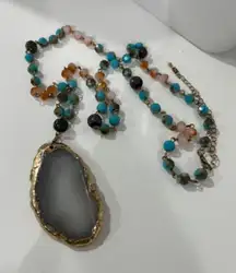 Beaded Necklace Agate Slice Pendant Boho Chic Statement Jewelry‎