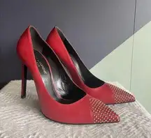 YSL/Saint Laurent Seta Rouge Red & Gold Stud Point Toe Stiletto Sz 37 $795 new