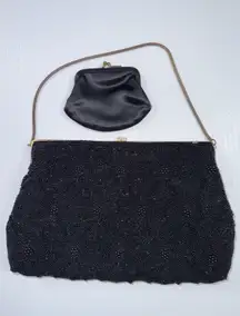 Vintage Bonwit Teller Black Floral Beaded Clutch Bag‎ With Coin Bag And Mirror