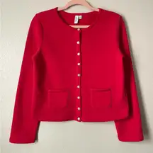 & Other Stories Cherry Red Cardigan Gold Button Long Sleeve Round Neck Sweater