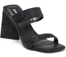 Abound Dress Sandals Size 7.5 Black Carina Glitter Slip On Open Square Toe Heels