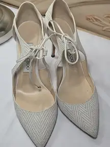 Jimmy Choo Tie up Pumps Eggshell Off white Weave Texture 37.5