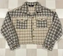 Blue B Collection Houndstooth Cropped Colorblock Tan Grey Shacket