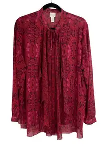 Chico's Red Feminine Damask Ruffle-Front Semi Sheer Long Sleeve Blouse Size 3/XL