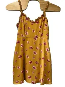 Rokoko Yellow Spaghetti Ruffle Strap dress Size Large Floral Knee Length