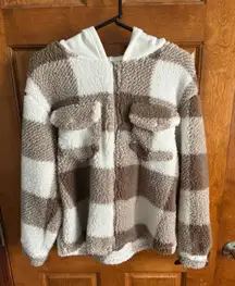 Fuzzy Brown And White Flannel Jacket With Hood