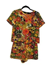 Zara Romper Womens Medium Short Sleeve Playsuit Multi Floral 70s Green Red Pink