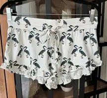 The Woods by Kate Quinn modal pajamas shorts ruffle heron birds print drawstring