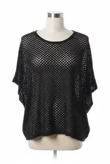 Slinky Brand Poncho Top M Black Crochet Knit Open Knit Batwing Dolman Sleeve