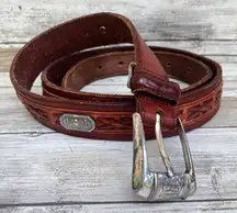 Fossil Western Leather Belt Sz 38 Brown Metal Woven Concho Silver Tone Cowgirl