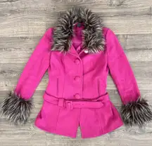 INC International Concepts Hot Pink Faux Fur Trim Belted Coat Medium