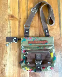 Vintage Fossil 1954 Purse Suede Canvas Leather Key Per Floral Foldover Crossbody