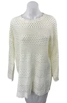 Women's Cream Open Knit Scallop Long Sleeve Tunic Dress Cover Up Sweater Size M