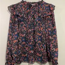 JOIE Blue Orange Metallic Floral Long Sleeve Blouse Size Medium