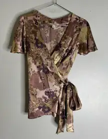 banana republic Small Purple Floral Silk Short Sleeve Wrap‎ Top CP