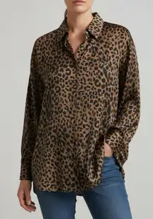 Valerie Stevens Animal Print blouse Button down shirt 100% Silk Luxury Browns 14